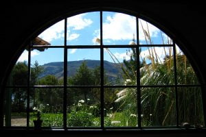 A large window looking out on a beautiful lush garden and mountains in the distance.
