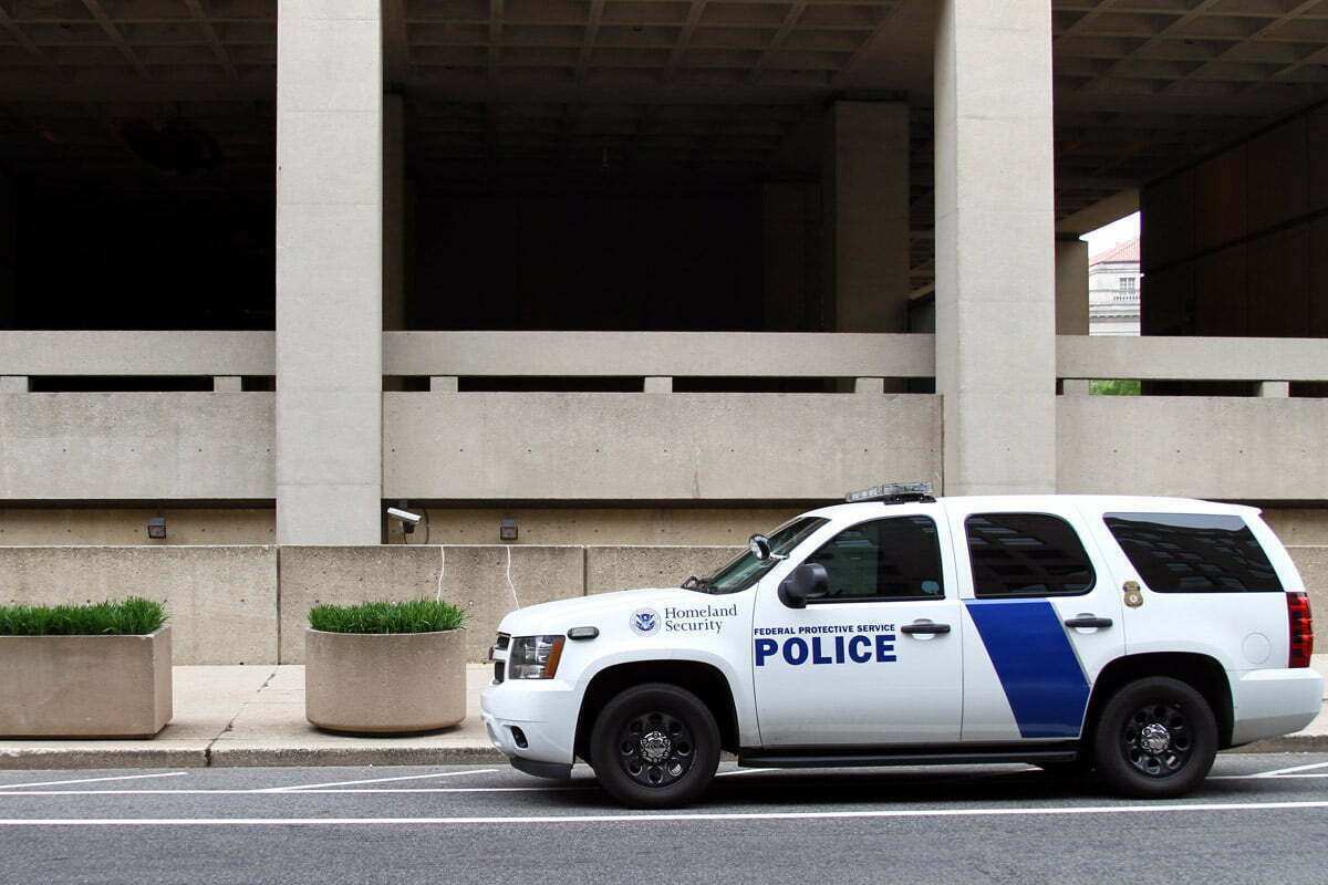 A police vehicle outside the headquarters of the FBI in Washington DC.