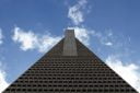 A view up the side of the iconic Transamerica Pyramid Building at 600 Montgomery Street in San Francisco, CA.