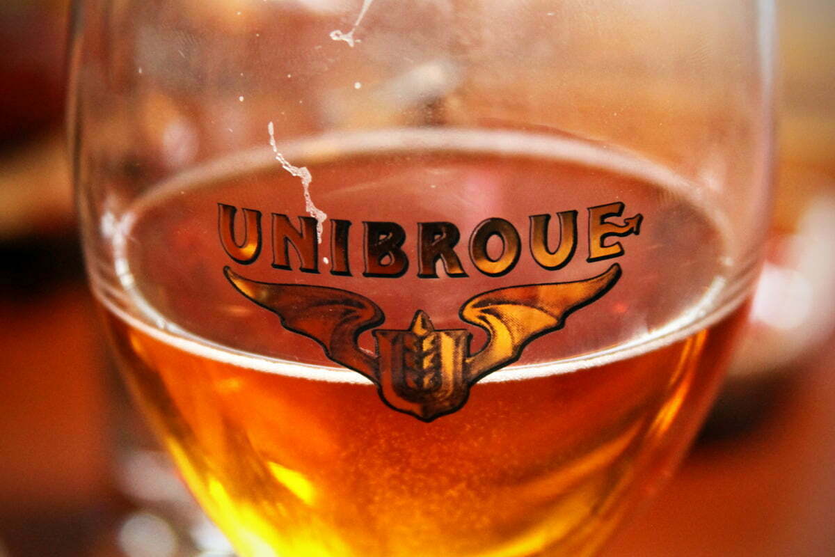 A glass of Unibroue, a Canadian Belgian-style beer.