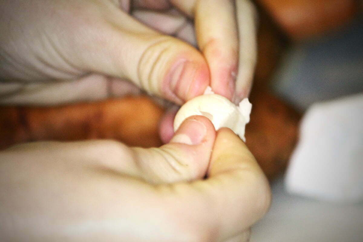 A woman's hands peel the skin off of a clove of garlic.