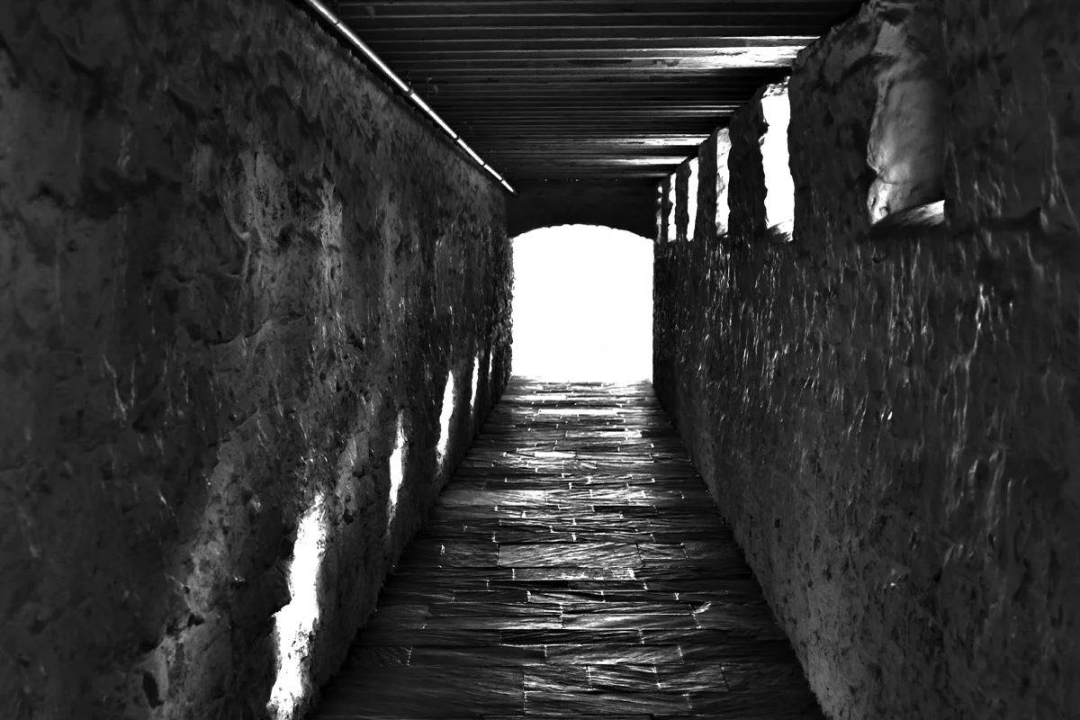 A black and white high dynamic range image of an underground passageway at Monticello. Light from small windows on the right project sunlight on the left side of the hallway and the end of the tunnel is flooded in white light.