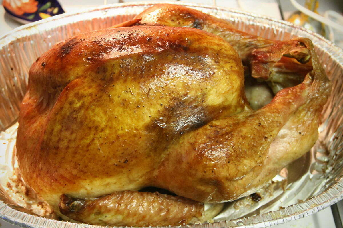 A beautiful dark thanksgiving turkey pre-carving.