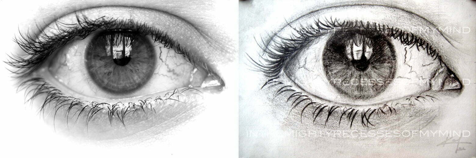 A black and white close-up photograph of an eye next to the drawing that it inspired.