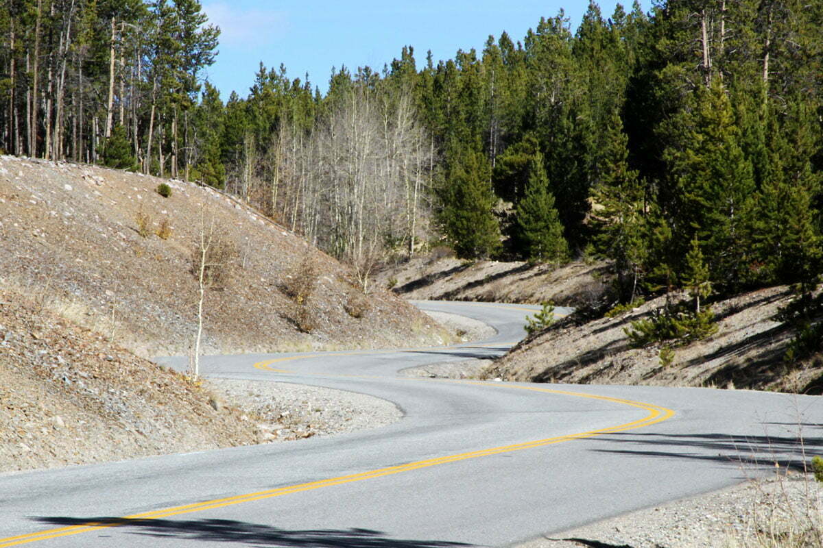 An empty winding road with a forest along the sides in Colorado.