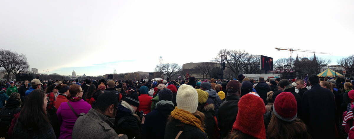 A panoramic photo of the crowds on the National Mall for Barack Obama's second inauguration.