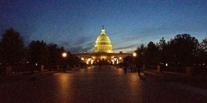 The United States Capitol Building seen at dusk on a spring evening in Washington DC.