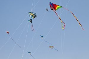 Colorful kites fly among the strings of other kites during the annual Cherry Blossom Kite Festival on the National Mall.