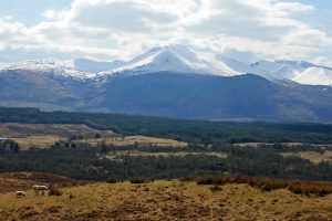 Ben Nevis, the highest mountain in the British Isles, seen from the Commando Memorial in Lochaber, Scotland.