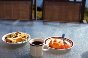 A breakfast of black coffee, blueberry muffins and grapefruit outside on a lake in Maine.