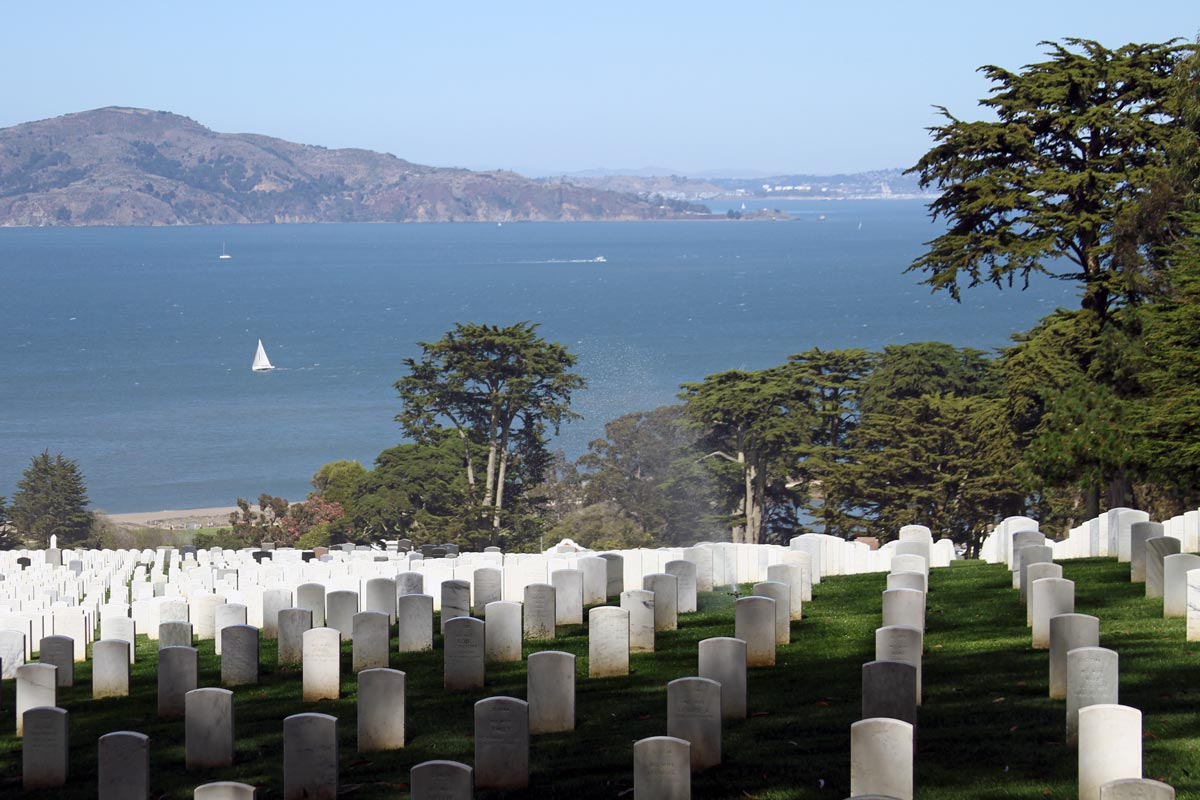 View of the Bay seen from San Francisco National Cemetery in the Presidio, San Francisco, California.