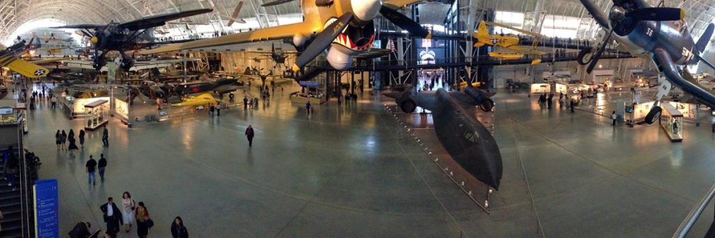 A panoramic photo of the airplanes, SR-71 and space shuttle in the Udvar-Hazy Center at the National Air and Space Museum in Virginia.