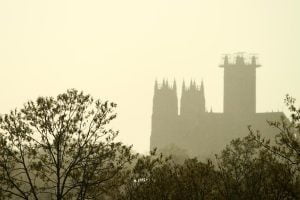 A photo of the silhouettes of trees and the Washington National Cathedral in a sunny spring rain in Washington DC.