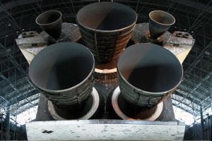 A view of the rear rocket engines of the Space Shuttle Discovery seen at the Air and Space Museum in Virginia.