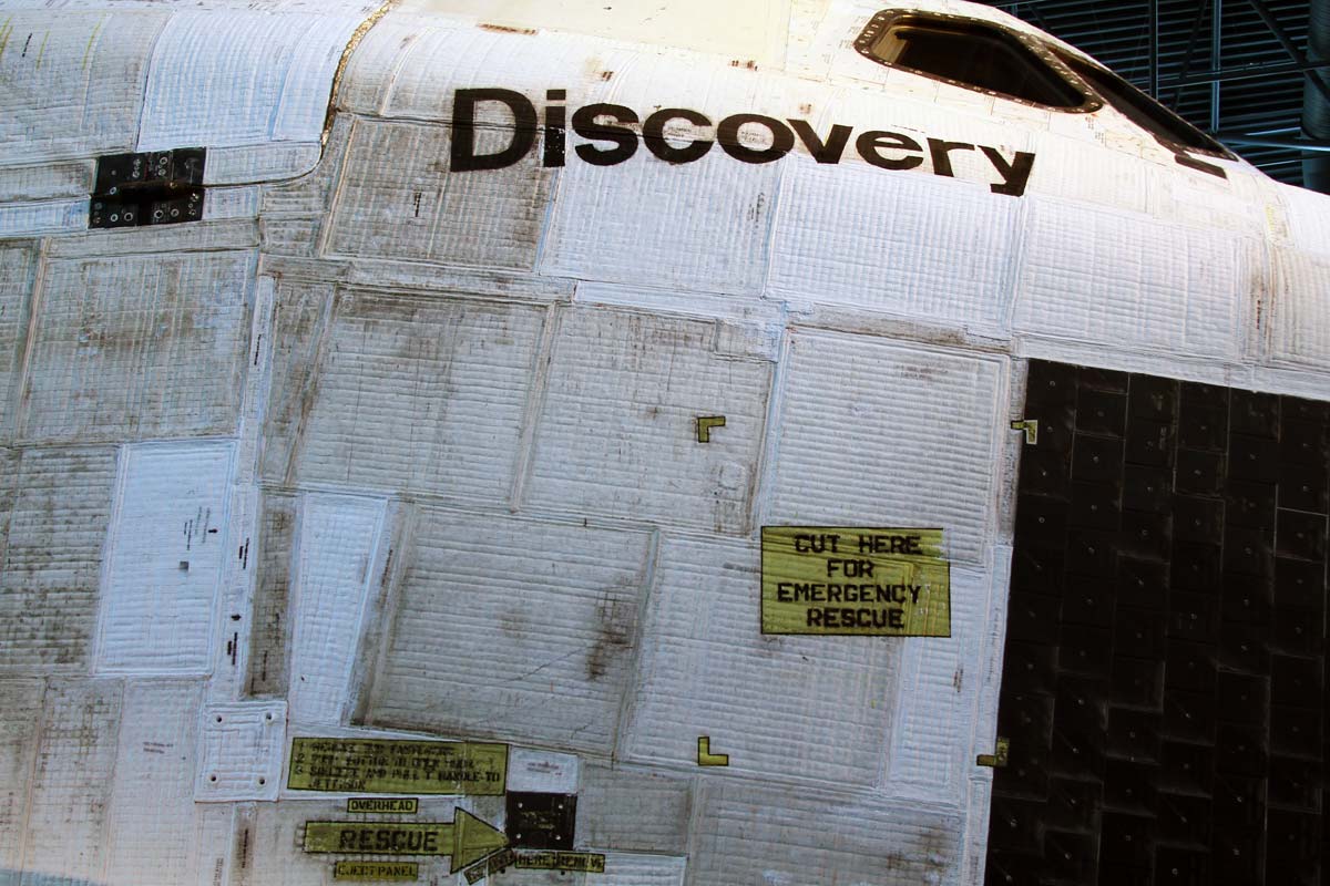 The worn emergency and side hatches of the Space Shuttle Discovery as seen at the Air and Space Museum in Virginia.
