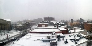 The view over the Columbia Road section of Adams Morgan in Washington DC on a snowy day.
