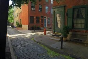 An empty, quiet side street with a cobblestone road in a tree-covered neighborhood of Philadelphia.