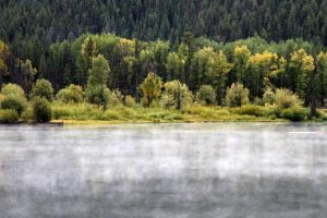 Fog on the water is seen on a cold morning at Grand Teton National Park in Wyoming.