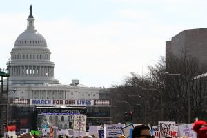 The United States Capitol is seen from Pennsylvania Avenue during the March for Our Lives in Washington DC.