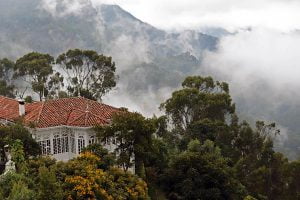 Restaurante Casa San Isidro, flowering trees and a the foggy hillside is seen from Monserrate in Bogotá, Colombia.