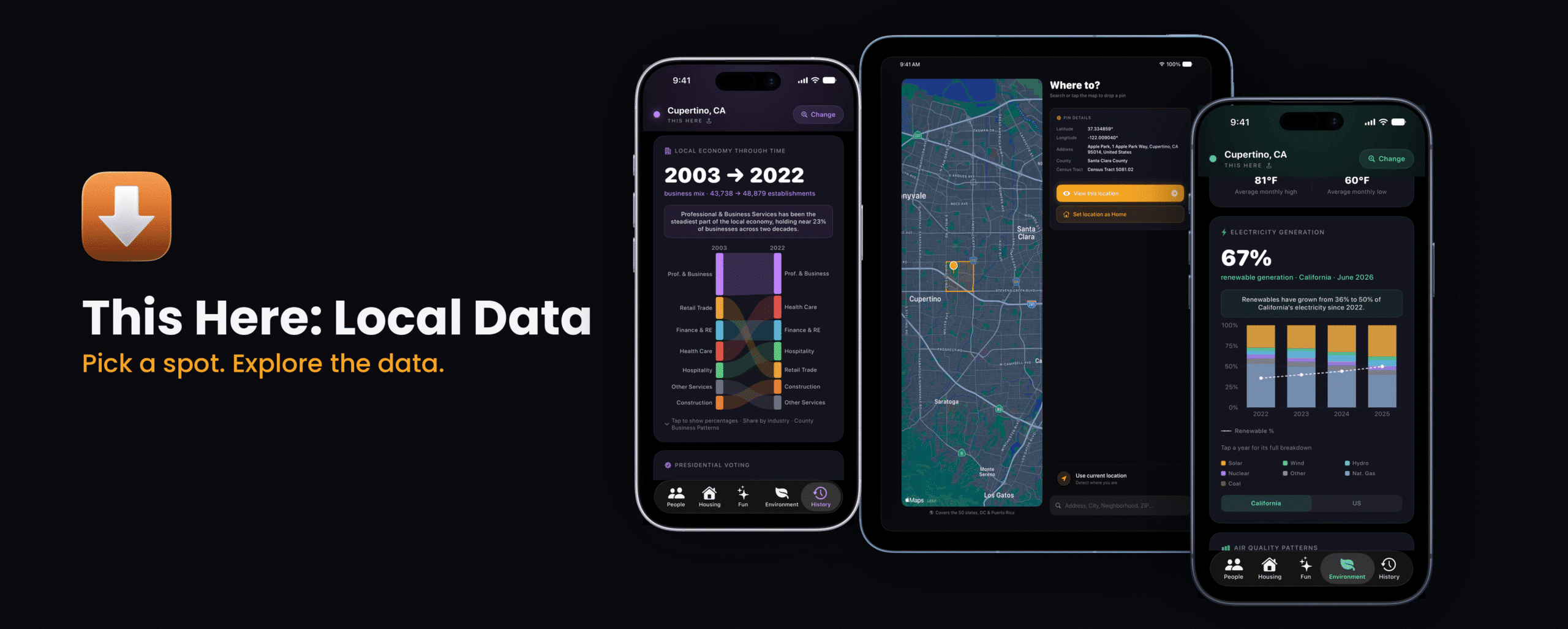 This Here: Local Data app cover, showing the app icon and screenshots on iPhone and iPad.